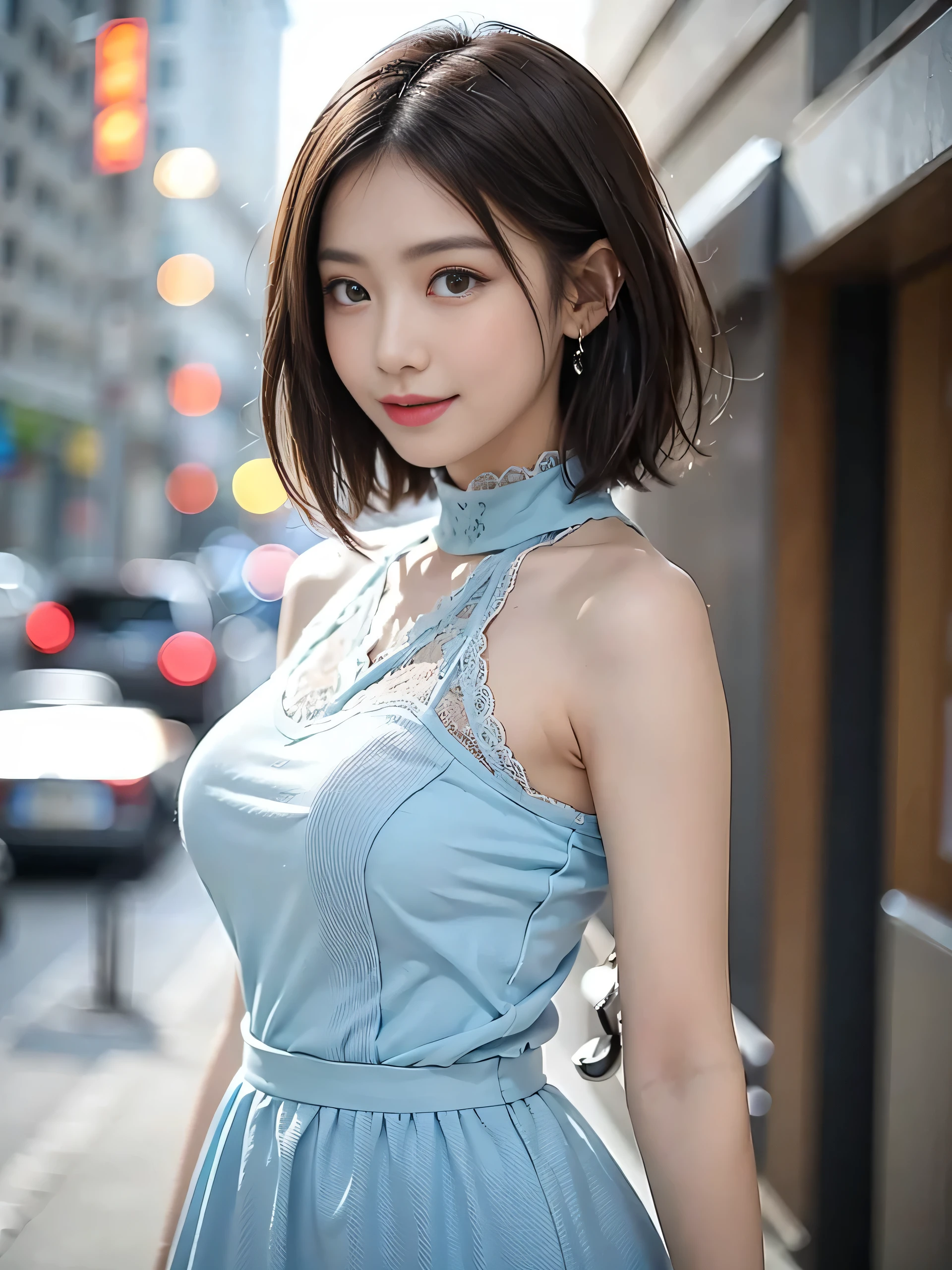 a woman posing on the street corner with light Blue clothes on, Highest quality, 1people々 girl, Big Breasts, Day, bright, Blur the background, Bokeh, Outdoor, (street:0.8), (people々々, crowd:1), (Lace Trim Dresses:1.5, Sleeveless dress, Light blue clothes, Light Blue High Neck Dress:1.2, Blue clothes: 1.5), Nice, (short hair, amount:1.2), Beautifully detailed skies, Earrings, (Dynamic pose:1.2), (Upper Body:0.8), Soft lighting, Wind, Shiny skin, smile,