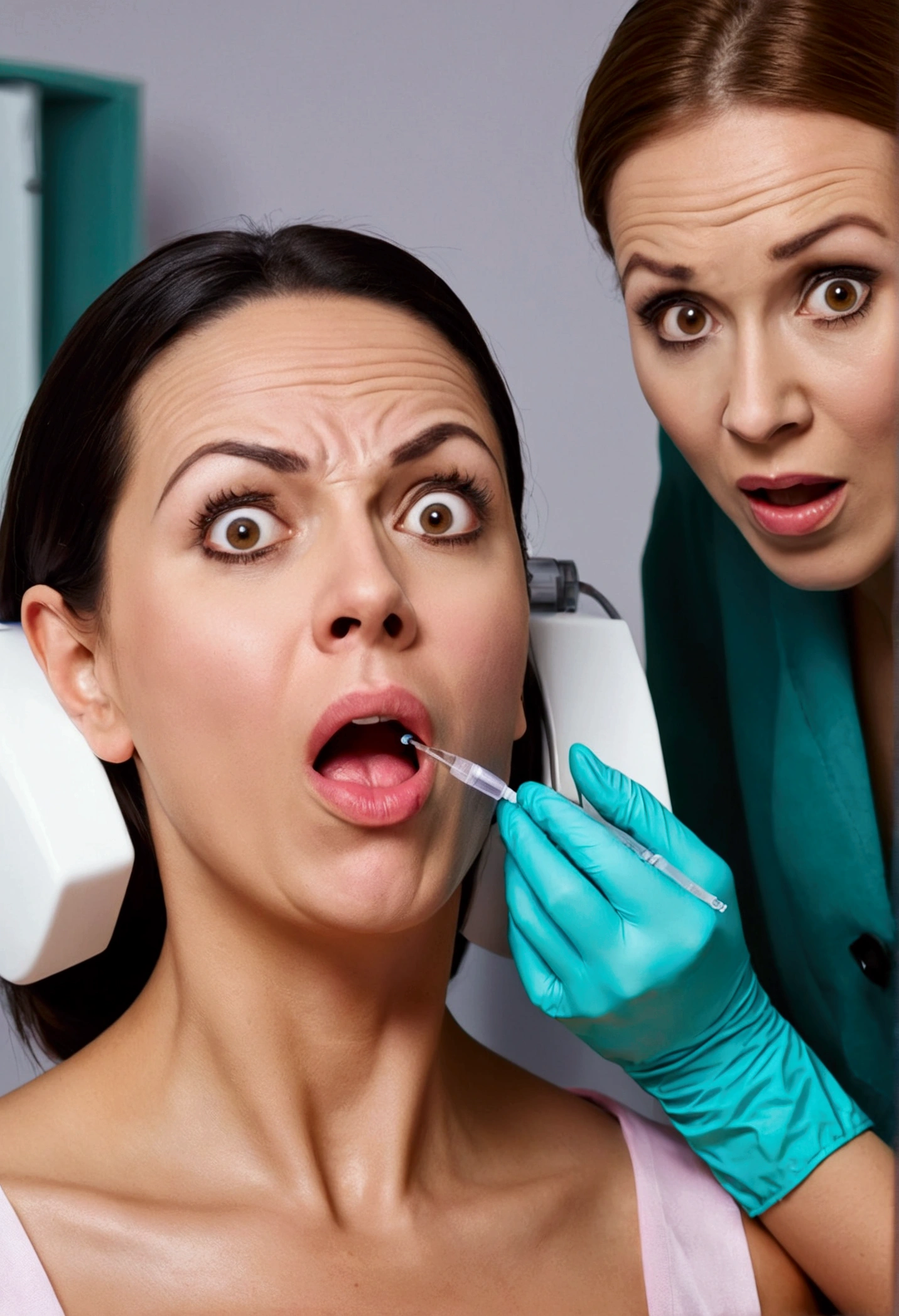 a woman with a surprised and amused facial expression as a beauty doctor does a treatment on her with an injection. The humorous staging emphasizes the absurdity of the situation in an entertaining way.