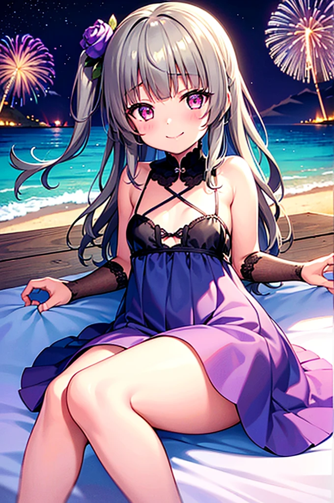 Himari Meimei, masterpiece, Voluptuous thighs, petit body, little young girl, flat chest, {1 Girl}, Cute and erotic smile, Highly detailed sparkling purple eyes, summer night, fireworks,  困り眉, open legs, legs up, silver grey hair, lying on beach bed, 