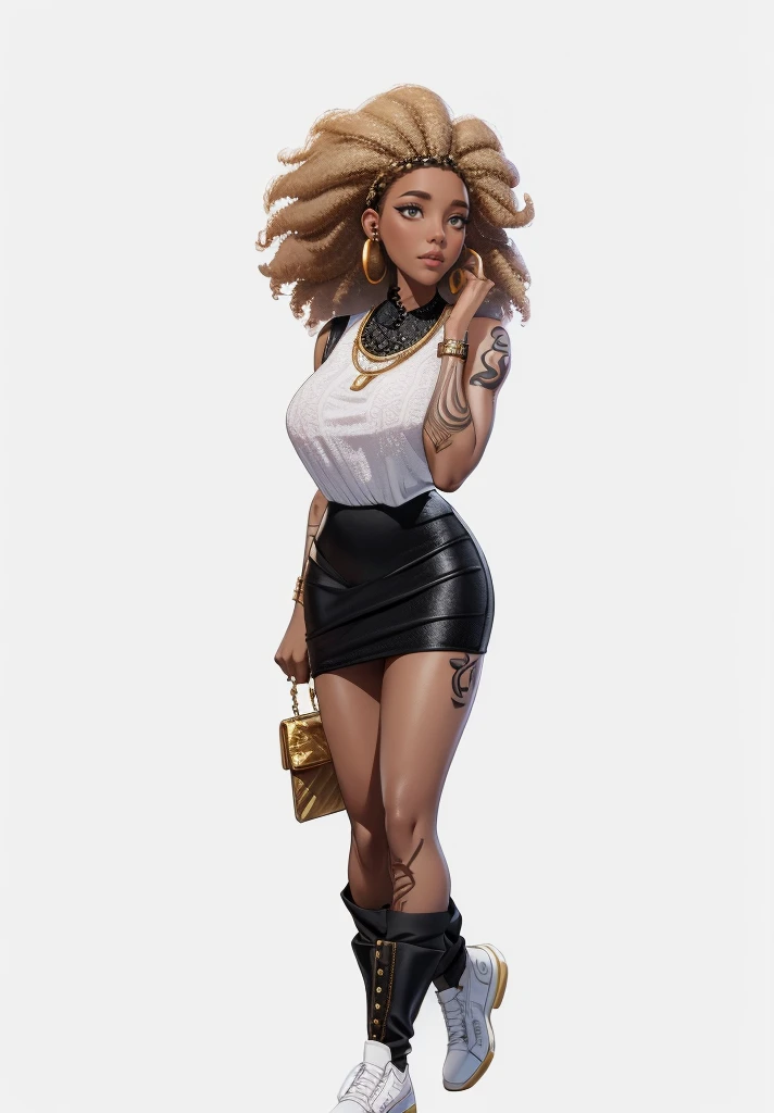Young woman , afro hairstyle, afro, Black skirt, white mother, white handbag in hand, ((headphones на шее)), (headphones),  beautiful textured long flowing hair,  gold decoration, gold earrings, photorealistic, masterpiece,  perfect faces,  watercolor, Cinematic professional 8K photography with ray tracing, subsurface scattering and illumination, tattoos