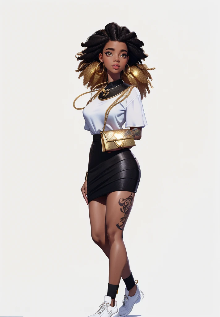 Young woman , afro hairstyle, afro, Black skirt, white mother, white handbag in hand, ((headphones на шее)), (headphones), beautiful textured long flowing hair, gold decoration, gold earrings, photorealistic, masterpiece, perfect faces, watercolor, Cinematic professional 8K photography with ray tracing, subsurface scattering and illumination, tattoos