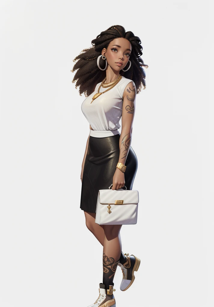 Young woman , afro hairstyle, afro, Black skirt, white mother, white handbag in hand, ((headphones на шее)), (headphones),  beautiful textured long flowing hair,  gold decoration, gold earrings, photorealistic, masterpiece,  perfect faces,  watercolor, Cinematic professional 8K photography with ray tracing, subsurface scattering and illumination, tattoos