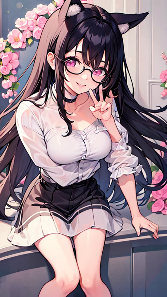 masterpiece, Highest quality,Black Hair,Pink eyes,Long Hair,Straight Hair,Glasses,smile,Wolf Ears,whole body,Cute pose