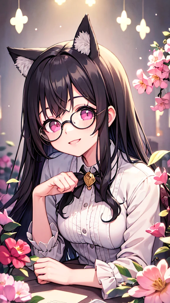 masterpiece, Highest quality,Black Hair,Pink eyes,Long Hair,Straight Hair,Glasses,smile,Wolf Ears,whole body,Cute pose