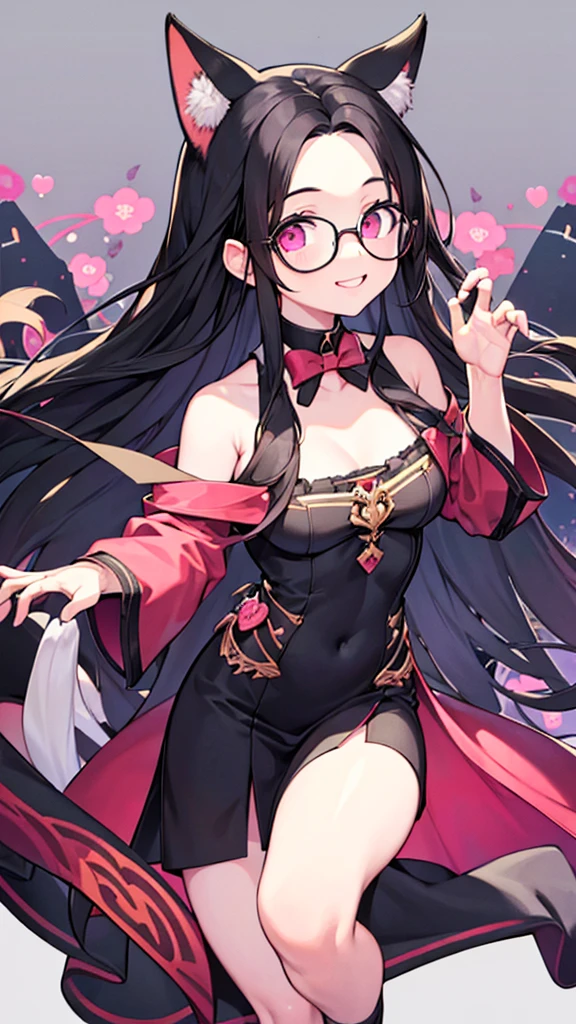 masterpiece, Highest quality,Black Hair,Pink eyes,Long Hair,Straight Hair,Glasses,smile,Wolf Ears,whole body,Cute pose