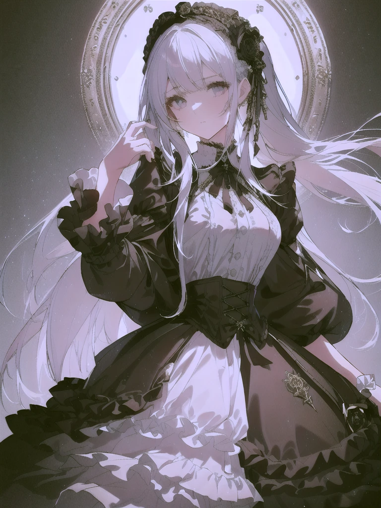 There is a woman wearing a black skirt and a white shirt., Detailed steampunk dress, Formal wear, Victorian dress, Baroque Dress, black Victorian dress, Black Gothic ta Dress, historical Baroque Dress dark, Very detailed and luxurious garment, full costume, Victorian Gothic Loliashion, Victorian style costume, Gothic Dress, Frills, Black Rococo, Gothic Costume
