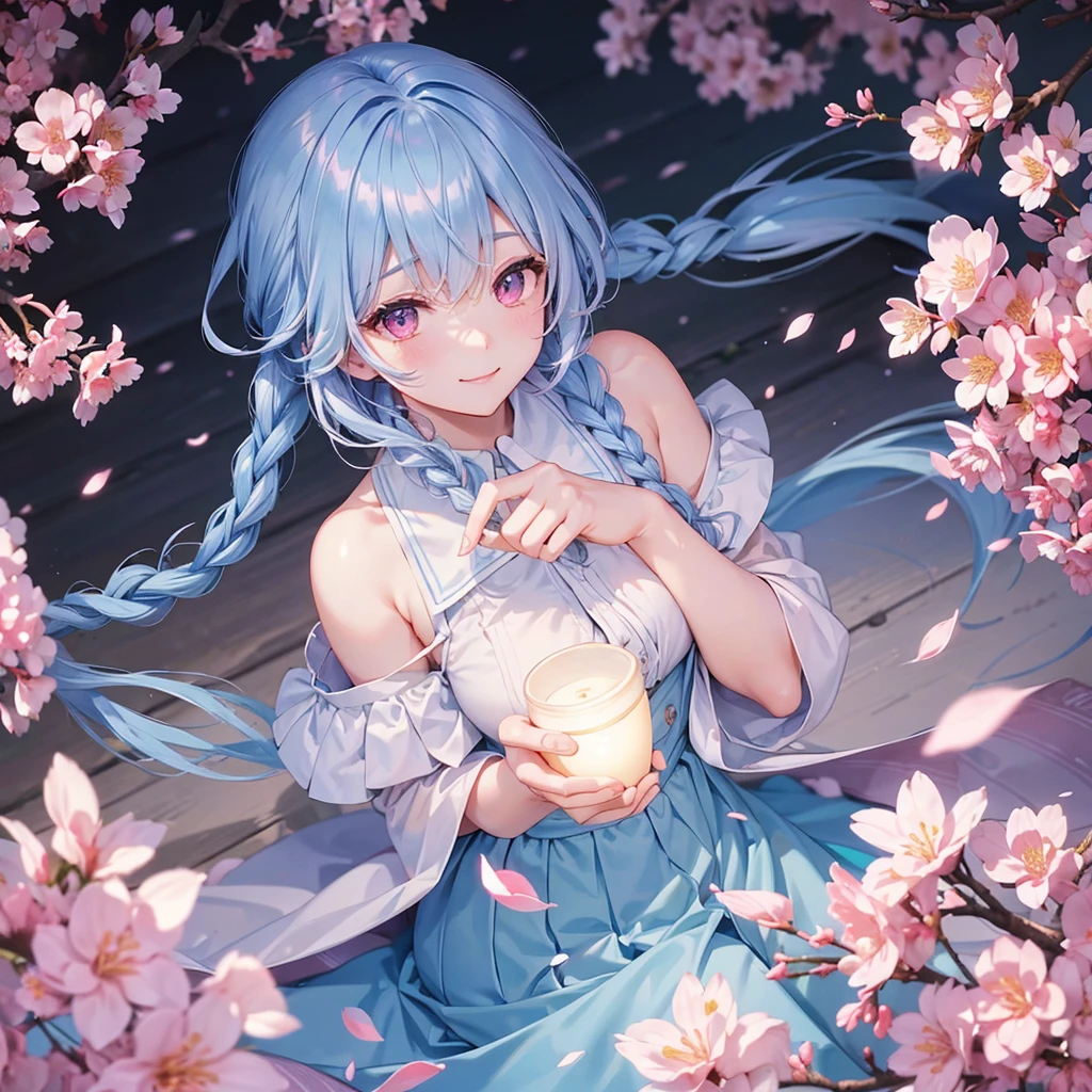 (Light blue medium hair),(Braided hair tied together)、Pink eyes、Fair skin、(whole body)、(uniform)、Cherry Blossoms at Night、A big smile、A dignified figure、solo、(masterpiece、Highest quality、Very detailed、Best Shadow)、(Detailed Background)、(Beautifully detailed face)、High contrast、(Best lighting、Very delicate and beautiful)、((Cinematic Light))、colorful、Hyper Detail、Dramatic Light、Exquisite detail、