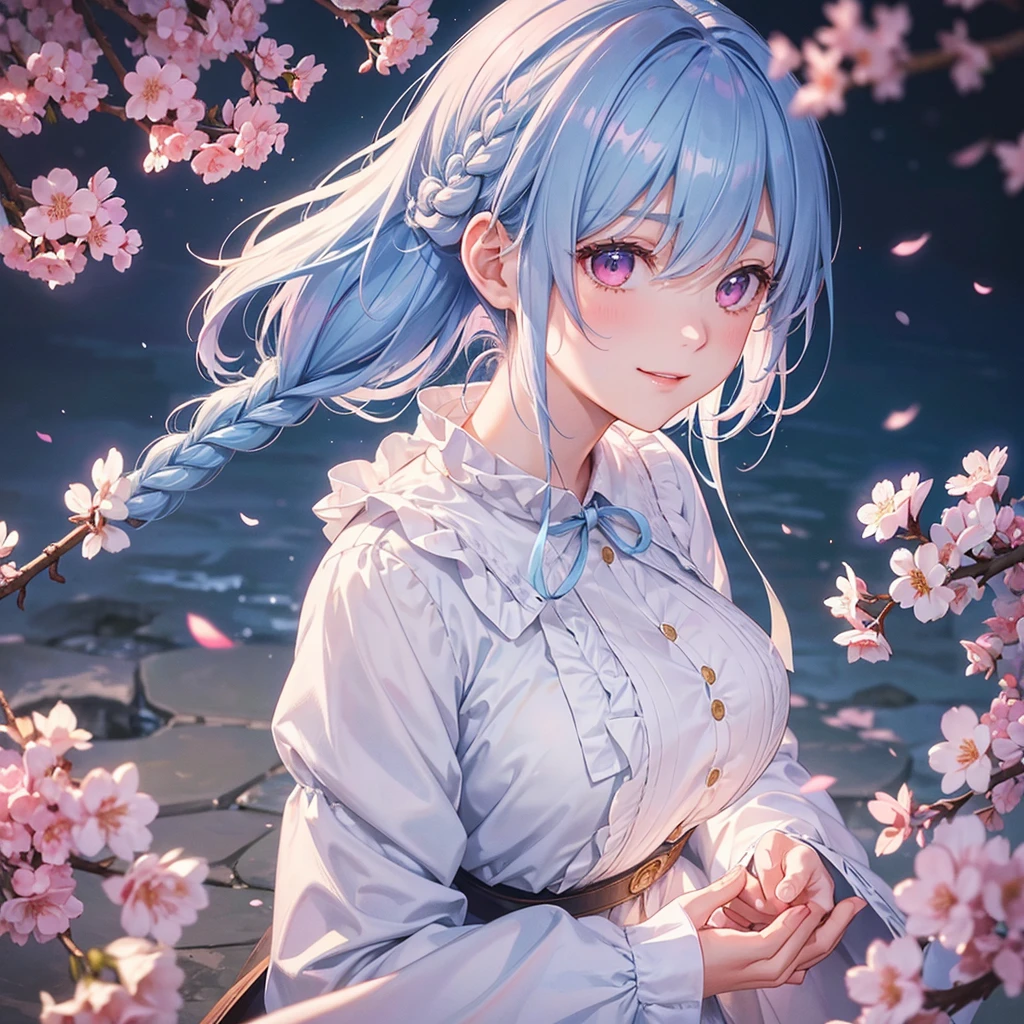 (Light blue medium hair),(Braided hair tied together)、Pink eyes、Fair skin、(whole body)、(uniform)、Cherry Blossoms at Night、A big smile、A dignified figure、solo、(masterpiece、Highest quality、Very detailed、Best Shadow)、(Detailed Background)、(Beautifully detailed face)、High contrast、(Best lighting、Very delicate and beautiful)、((Cinematic Light))、colorful、Hyper Detail、Dramatic Light、Exquisite detail、