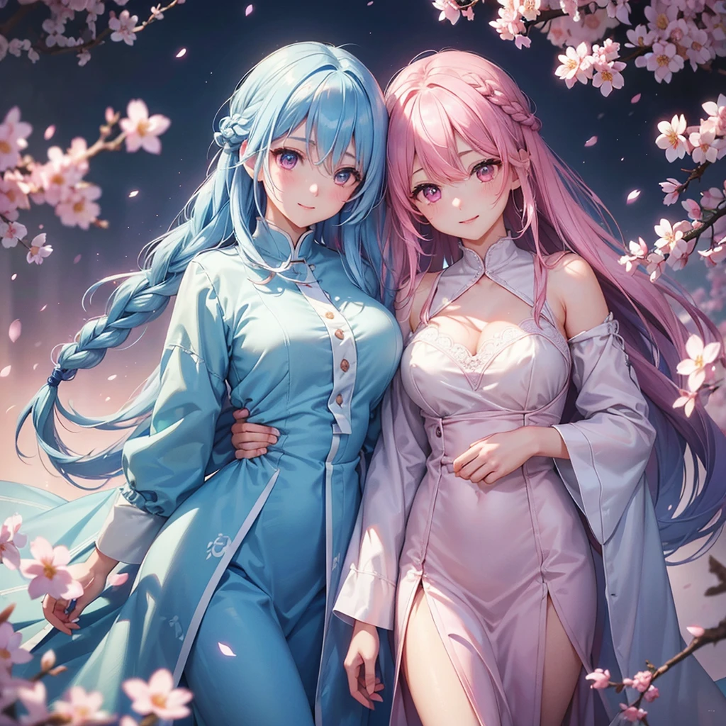 (Light blue medium hair),(Braided hair tied together)、Pink eyes、Fair skin、(whole body)、(uniform)、Cherry Blossoms at Night、A big smile、A dignified figure、solo、(masterpiece、Highest quality、Very detailed、Best Shadow)、(Detailed Background)、(Beautifully detailed face)、High contrast、(Best lighting、Very delicate and beautiful)、((Cinematic Light))、colorful、Hyper Detail、Dramatic Light、Exquisite detail、