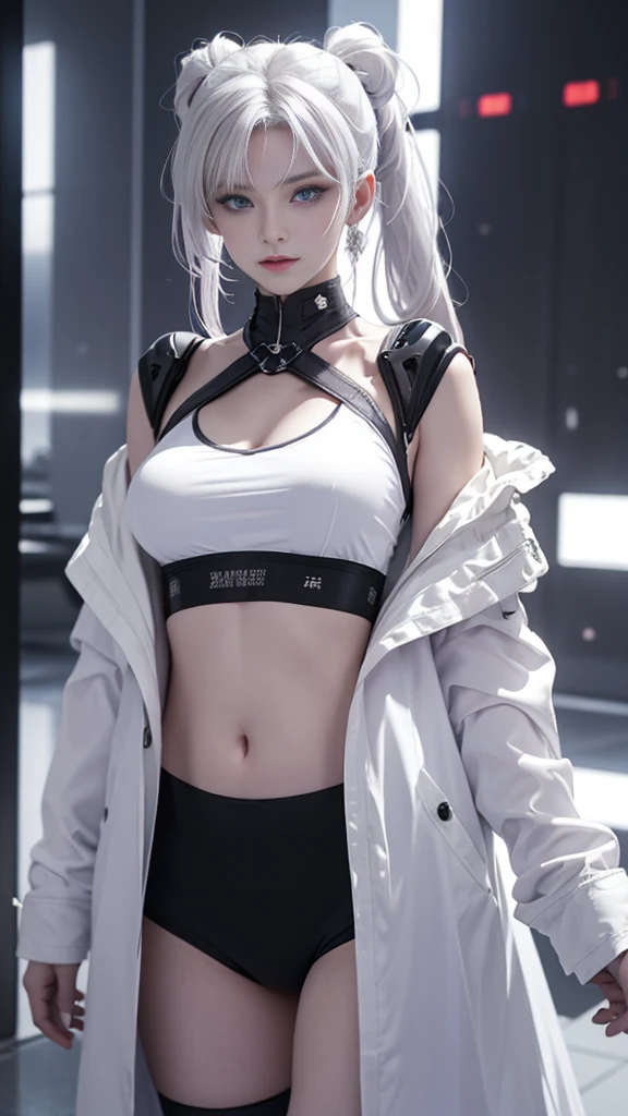 masterpiece,best quality,high resolution,8K,Focus on the thighs and above,original photo,Digital Photography,(Sci-fi style women),20 year old girl,Long ponytail hairstyle,By Bangs,(Purple Eyes),(White hair),Full breasts,Felling,Elegance and nobility,Serious and indifferent,Open white coat,(Black Camisole),Rich details,shut your mouth,Show your belly button,Exquisite decoration,Cyberpunk future style,(Female Scholar),Photo poses,White background,oc render reflection texture