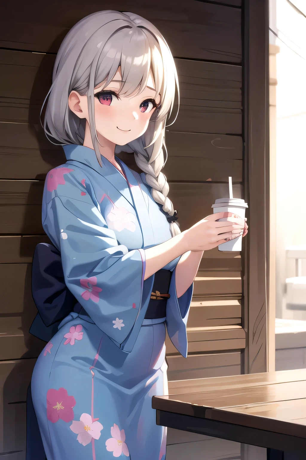 One girl, Arisa Ichinomiya, Long Hair, Gray Hair, Braiding, single Braiding, Red eyes,Perfect hands , smile、Light blue yukata with floral pattern、Starbucks on the right