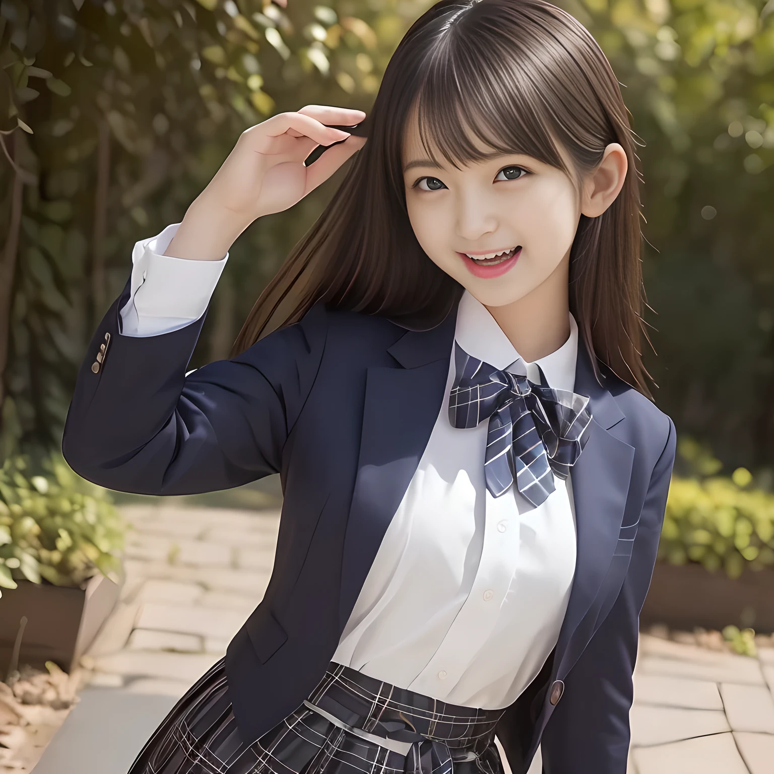 (Highest quality, masterpiece:1.2), Highest quality, High resolution, 1080P, 8k, height: 165cm, ((A noble and intelligent succubus who looks like a best proportion Japanese young lady is magically hypnotizing the viewer)), ((So sweet, very noble, cute and pretty Japanese beautiful cute girl)), ((A real, very girly, sweet, cute and noble girl)), ((((A beautiful Japanese cute fashion model)))), ((((Very pure white face and limbs)))), Glossy Lips, (Evenly cut bangs), ((Very beautiful, droopy, cute, pure, noble brown eyes)), ((Super long, straight black hair that reaches the floor)), (Very shiny, glossy Lips), ((Beautiful straight hair like a hair model)), Watch at you, ((Incredibly well organized, Rich facial expressions)), ((Plump and beautiful white skin and face)), ((Pure, clear, gentle brown eyes)), ((staring at me)), Glossy Lips, ((noble and elegant)), ((As the succubus charms you with her magic and giggles)), ((((Succubus is fascinating, calling to the depths of eternity)))), Very beautiful blue skirt, ((Large upward-curving lips)), ((Look directly at the viewer)), White Hand, (((Navy Japanese school blazer with noble emblem))), ((Navy and sapphire blue Japanese school uniform)), ((Tartan check pattern pleated long skirt)), ((Blue string ribbon tie)), ((((An ecstatic expression of boundless joy)))), ((fantastical white garden background)), ((Evilly moving tongue)), (((Promotional image of shampoo and hair conditioner))), perfect body, ((turning around and trying to capture me as a succubus)), windy