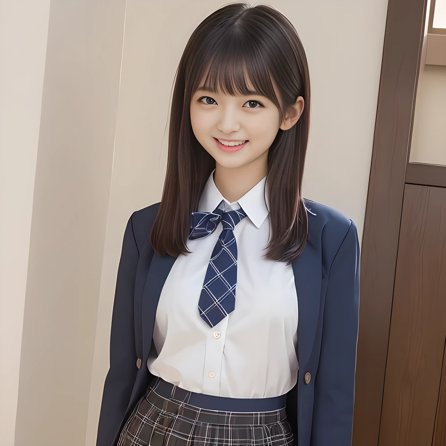 (Highest quality, masterpiece:1.2), Highest quality, High resolution, 1080P, 8k, height: 165cm, ((A noble and intelligent succubus who looks like a best proportion Japanese young lady is magically hypnotizing the viewer)), ((So sweet, very noble, cute and pretty Japanese beautiful cute girl)), ((A real, very girly, sweet, cute and noble girl)), ((((A beautiful Japanese cute fashion model)))), ((((Very pure white face and limbs)))), Glossy Lips, (Evenly cut bangs), ((Very beautiful, droopy, cute, pure, noble brown eyes)), ((Super long, straight black hair that reaches the floor)), (Very shiny, glossy Lips), ((Beautiful straight hair like a hair model)), Watch at you, ((Incredibly well organized, Rich facial expressions)), ((Plump and beautiful white skin and face)), ((Pure, clear, gentle brown eyes)), ((staring at me)), Glossy Lips, ((noble and elegant)), ((As the succubus charms you with her magic and giggles)), ((((Succubus is fascinating, calling to the depths of eternity)))), Very beautiful blue skirt, ((Large upward-curving lips)), ((Look directly at the viewer)), White Hand, (((Navy Japanese school blazer with noble emblem))), ((Navy and sapphire blue Japanese school uniform)), ((Tartan check pattern pleated long skirt)), ((Blue string ribbon tie)), ((((An ecstatic expression of boundless joy)))), ((fantastical white garden background)), ((Evilly moving tongue)), (((Promotional image of shampoo and hair conditioner))), perfect body, ((turning around and trying to capture me as a succubus)), windy
