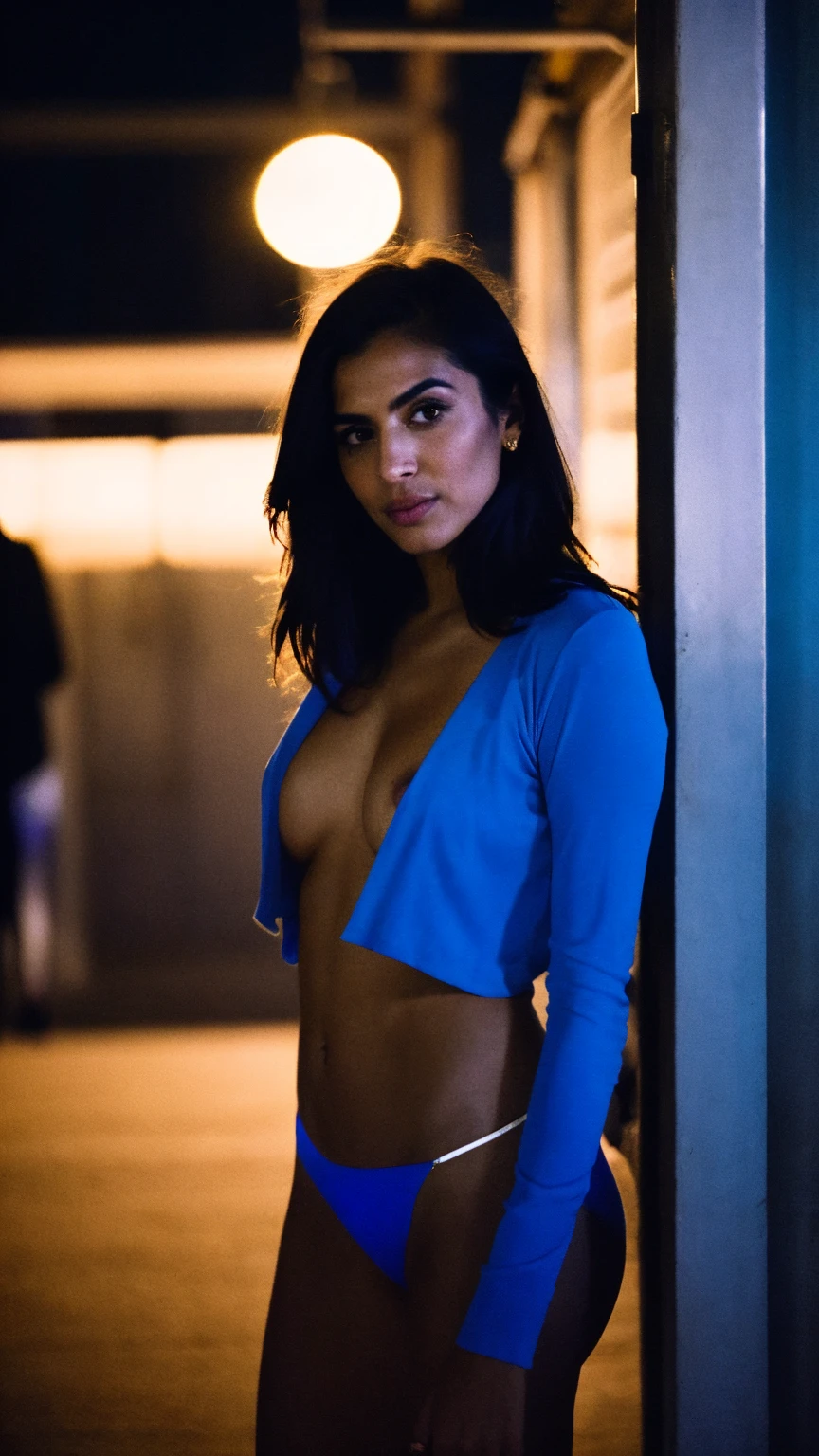 RAW photo,flash,hazy atmosphere,35mm focal lenght,fashion shoot,candid photograph,artistic,photograph of a beautiful,influencer,30yo Iranian woman,detailed skin,fully naked,looking at viewer, candid pose,standing outside,midnight,dark,flash photo,blue light, film grain, kodak color, instagram LUT