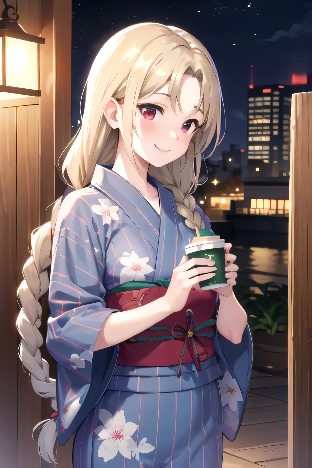 One girl, Arisa Ichinomiya, Long Hair, Gray Hair, Braiding, single Braiding, Red eyes,Perfect hands , smile、Light blue yukata with floral pattern、Starbucks on the right