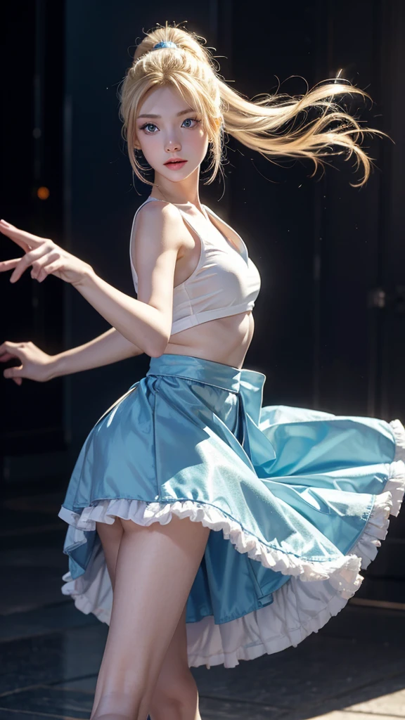 Blonde、ponytail、long hair、Russian beauties、Pale blue eyes、Idol、Color: Blue、dance、Fluffy skirt