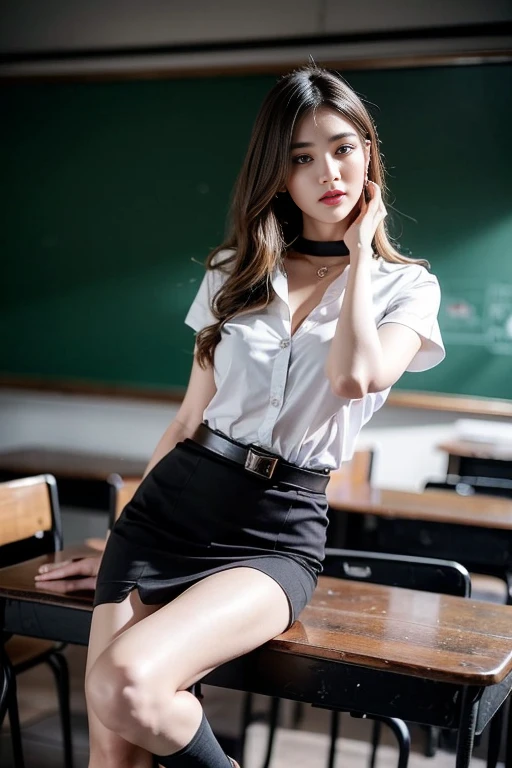 (Masterpiece, best quality, alone, รายละเอียดที่complex, Chromatic aberration), realistic, full body image,((Moderate breath)), hair in one eye,purple eyes, earring, sharp eyes, choker, (symmetrical eyes),(Perfect symmetrical body),Photo of a beautiful 22 year old girl, Beautiful and charming with contemporary fashion paintings as well...., looking at the audience, ((in the classroom background)), (1 Teen Girl),(black short skirt), (White short-sleeved, form-fitting shirt., Unbuttoning reveals.), ((Short black pencil skirt with side slits.)), belt, stilettos,((Put your hands down.)),Copper blonde hair, Bob, round chin, Art lens 85mm, Sharp focus, High resolution 8K, Crazy details, complex, elegant,sitting on the study table Lift one leg to eye level., legs slightly apart.,big breasts,big breasts, dynamic gesture, big breasts
