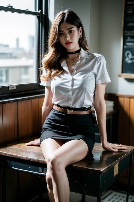 (Masterpiece, best quality, alone, รายละเอียดที่complex, Chromatic aberration), realistic, full body image,((Moderate breath)), hair in one eye,purple eyes, earring, sharp eyes, choker, (symmetrical eyes),(Perfect symmetrical body),Photo of a beautiful 22 year old girl, Beautiful and charming with contemporary fashion paintings as well...., looking at the audience, ((in the classroom background)), (1 Girl),(black short skirt), (White short-sleeved, form-fitting shirt., Unbuttoning reveals.), ((Short black pencil skirt with side slits.)), belt, stilettos,((Put your hands down.)),Copper blonde hair, Bob, round chin, Art lens 85mm, Sharp focus, High resolution 8K, Crazy details, complex, elegant,sitting on the study table Lift one leg to eye level., legs slightly apart.,big breasts,big breasts, dynamic gesture, big breasts