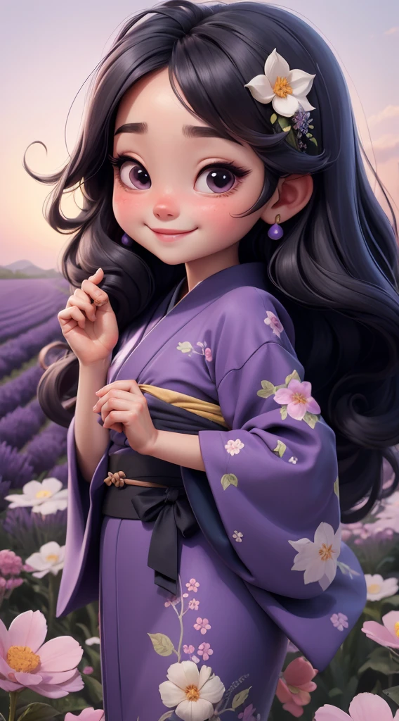 Create a baby chibi version of the Alice character in an 8K resolution. As a coloring book, the color should be black and white, the border should be simple, with the same line thickness, clear, and bold. A beautiful Asian girl with long, flowing black hair adorned with a delicate [lavender hair ornament] is strolling through the picturesque [lavender fields] of Furano, Hokkaido. She is wearing a stunning [kimono with lavender pattern], the vibrant purple colors contrasting with the vast expanse of blooming lavender. The girl's expression exudes a sense of tranquility and joy as she immerses herself in the beauty of the fragrant flowers, It's sunny, Detailed eyes, clear outlines, kawaii pose, A smile, Raise your right hand, Eye Up, Laugh, radiant light, Taken from the side. She should look adorable and cute. Give him a smiling expression and a sweet smile on his face, capturing the essence of the character in a delicate and charming way.
