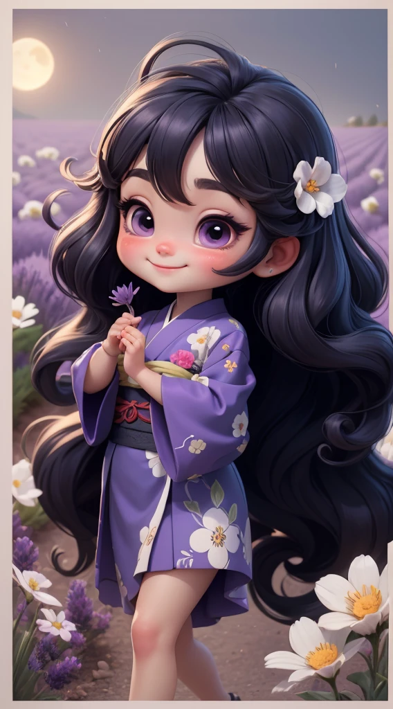 Create a baby chibi version of the Alice character in an 8K resolution. As a coloring book, the color should be black and white, the border should be simple, with the same line thickness, clear, and bold. A beautiful Asian girl with long, flowing black hair adorned with a delicate [lavender hair ornament] is strolling through the picturesque [lavender fields] of Furano, Hokkaido. She is wearing a stunning [kimono with lavender pattern], the vibrant purple colors contrasting with the vast expanse of blooming lavender. The girl's expression exudes a sense of tranquility and joy as she immerses herself in the beauty of the fragrant flowers, It's sunny, Detailed eyes, clear outlines, kawaii pose, A smile, Raise your right hand, Eye Up, Laugh, radiant light, Taken from the side. She should look adorable and cute. Give him a smiling expression and a sweet smile on his face, capturing the essence of the character in a delicate and charming way.