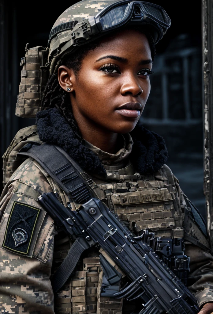 A muscular African American female special forces soldier, highly detailed portrait, beautiful detailed eyes, beautiful detailed lips, extremely detailed face, long eyelashes, serious expression, military uniform, tactical gear, assault rifle, night vision goggles, urban environment, cinematic lighting, dramatic shadows, gritty realism, hyper detailed, 8k, photorealistic, award winning digital art

