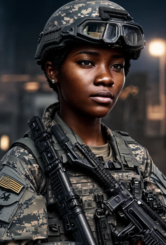 A muscular African American female special forces soldier, highly detailed portrait, beautiful detailed eyes, beautiful detailed lips, extremely detailed face, long eyelashes, serious expression, military uniform, tactical gear, assault rifle, night vision goggles, urban environment, cinematic lighting, dramatic shadows, gritty realism, hyper detailed, 8k, photorealistic, award winning digital art

