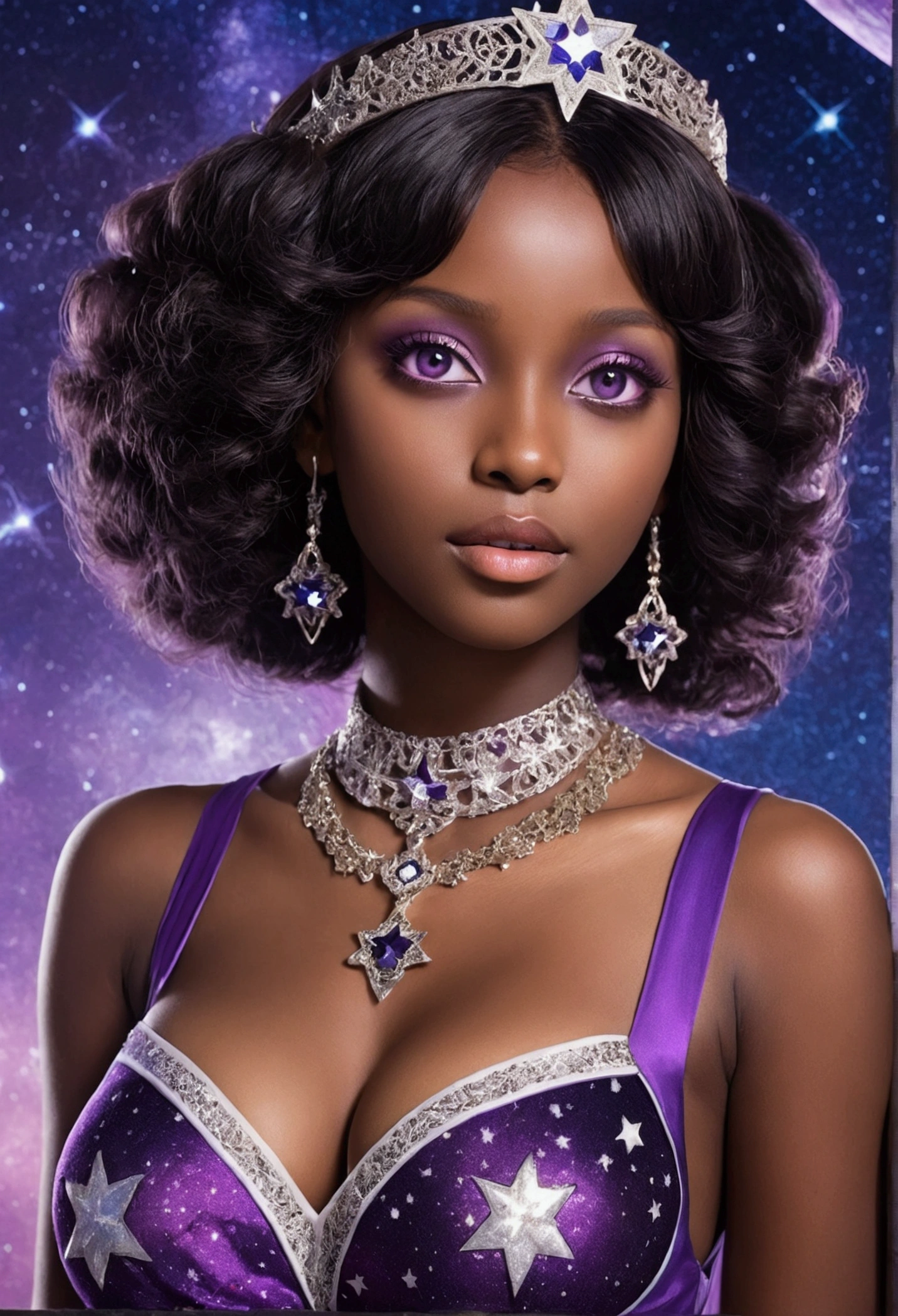 A busty dark-skinned girl with violet eyes and starry pupils wearing an open-necked female idol dress
