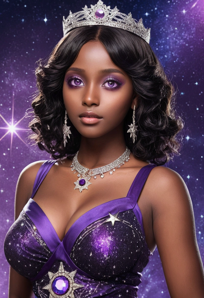 A busty dark-skinned girl with violet eyes and starry pupils wearing an open-necked female idol dress