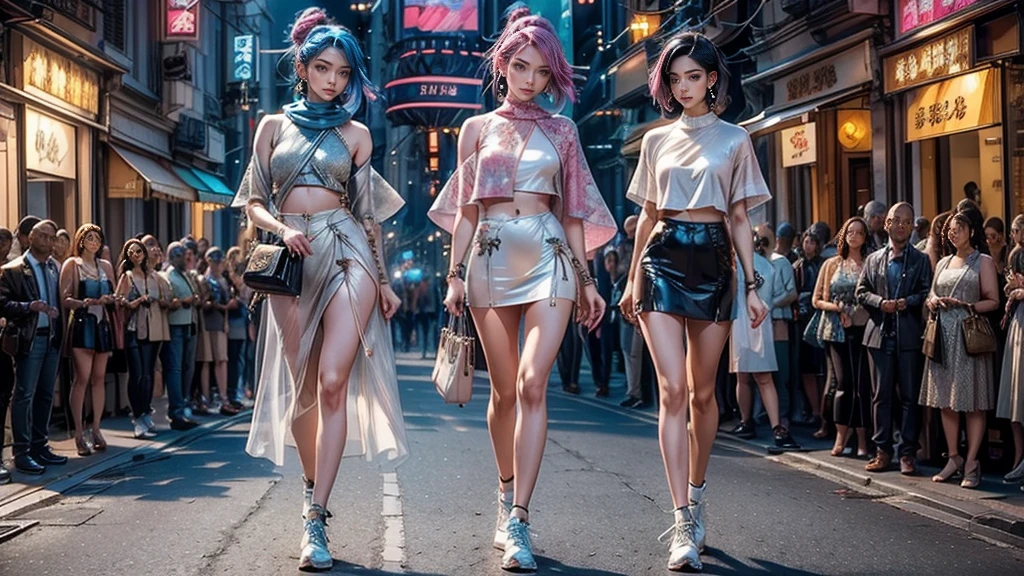 highest quality, Very detailed, masterpiece, Two women posing,(((Perfect female body))),Very beautiful face, Very beautiful body,Gentle expression, Very beautiful eyes,(Perfect Makeup:1.1),Fashion Model,pop punk fashion, Mullet Cut,Shaggy Hair,pink and blue hair:1.3, Very thin body,Smart Abs, Monogram pattern,Various gradations,military,Two-tone high-top sneakers,A kind smile,Full body portrait,(Cyber City:1.3), (Shiny skin),(Earrings),Elegant scarves,See-through shawl,