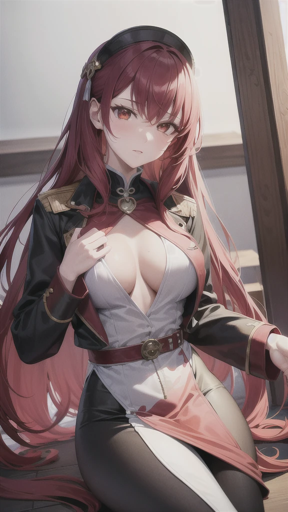 red hair, cool black jacket with red undertones, white inner dress, deep orange eyes, mature and older look, animemanga girl, detailed key animation art, changli from wuthering waves