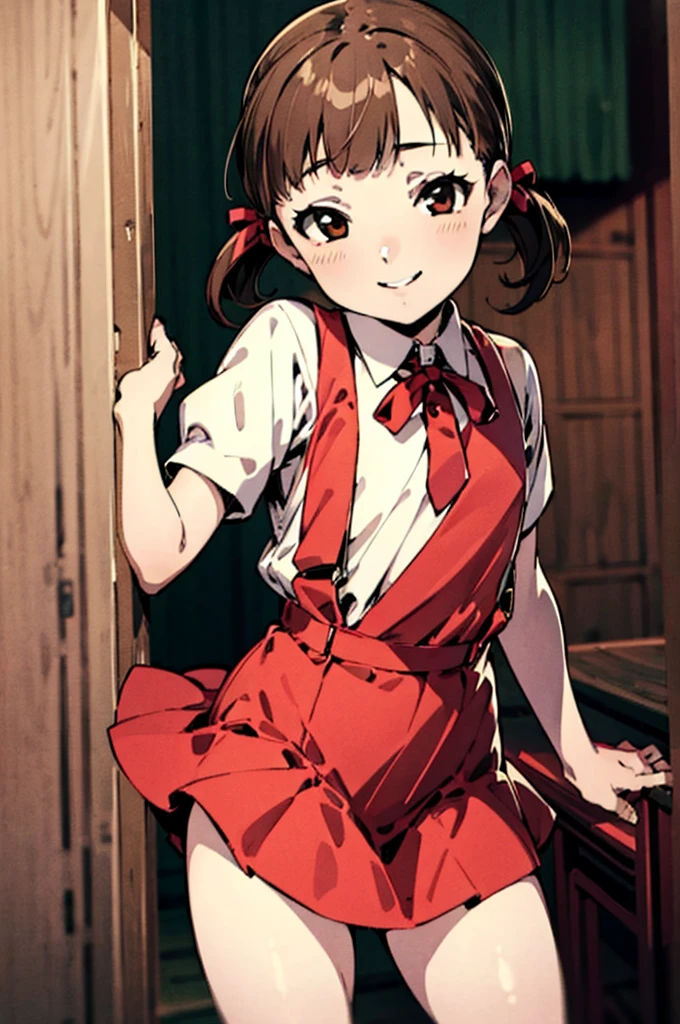 solo, smile, Nanako Doujima, short twintails, brown eyes, eva school unifrom, 1girl, solo, tokyo-3 middle ,  shirt, short sleeves, suspender skirt, neck ribbon,, ultra detailed, masterpiece, best quality,,panties