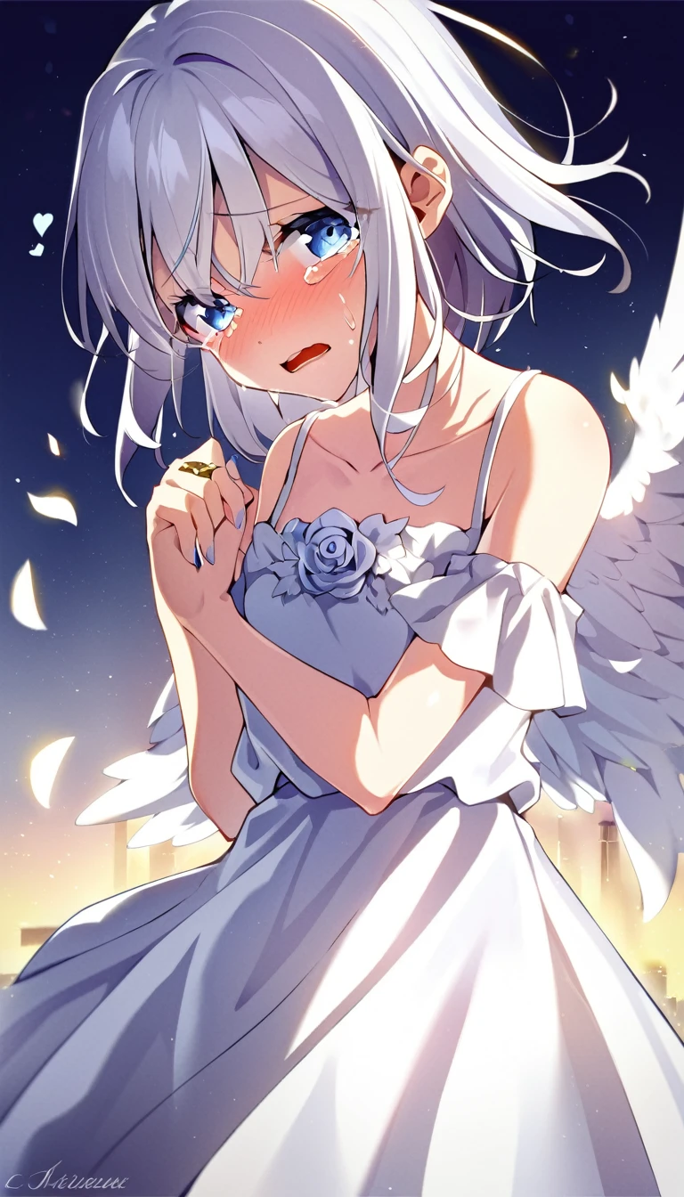one girl, fallen angel, angel wing, angel ring, sacred, cute, naive, sobbing, 15 years old, beautiful, light blue eyes, white dress, her right wing is black, angel ring is broken, white hair