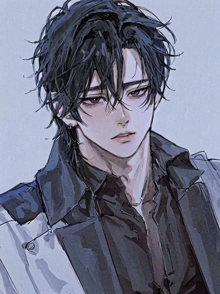 anime boy with black hair, black eyes, tired and calm face and black jacket looking at camera, boys with black hair, detailed portrait of anime boy, semirealistic anime style, stunning anime face portrait, beautiful anime portrait, perfect fluffy haired male, fine details.