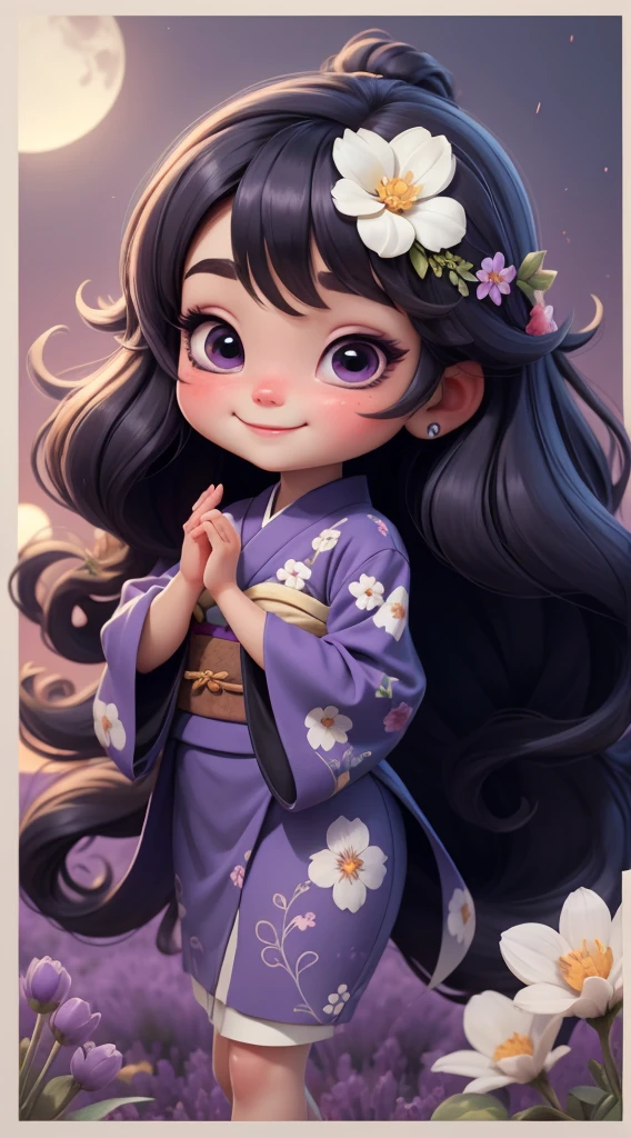 Create a baby chibi version of the Alice character in an 8K resolution. As a coloring book, the color should be black and white, the border should be simple, with the same line thickness, clear, and bold. A beautiful Asian girl with long, flowing black hair adorned with a delicate [lavender hair ornament] is strolling through the picturesque [lavender fields] of Furano, Hokkaido. She is wearing a stunning [kimono with lavender pattern], the vibrant purple colors contrasting with the vast expanse of blooming lavender. The girl's expression exudes a sense of tranquility and joy as she immerses herself in the beauty of the fragrant flowers, It's sunny, Detailed eyes, clear outlines, kawaii pose, A smile, Raise your right hand, Eye Up, Laugh, radiant light, Taken from the side. She should look adorable and cute. Give him a smiling expression and a sweet smile on his face, capturing the essence of the character in a delicate and charming way.