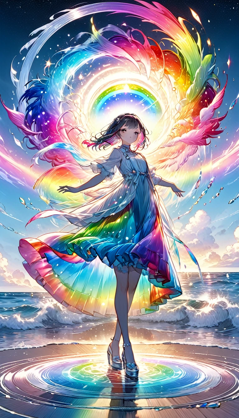 The rainbow-colored sea、Feel the summer、Highest quality, Super Fine, 16K, Incredibly absurd, Very detailed, delicate and dynamic, Multiple Translucency, Rainbow Magic Circle, ,, Prism special effects, mirror, illumination, Swirling dark aura, And beyond the universe,masterpiece.16K, Ultra-high resolution, Ultra-high resolution, to be born,wonderful ,future、Iridescent、The world 30 years from now。