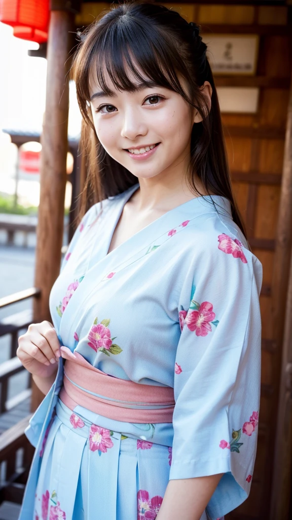 High resolution、high quality、Detailed face、Beautiful Face、cute、Young Face、Young face、Beautiful scenery in Japan、yukata、An innocent smile、whole body、Summer festival、stall、Nightclub、firework