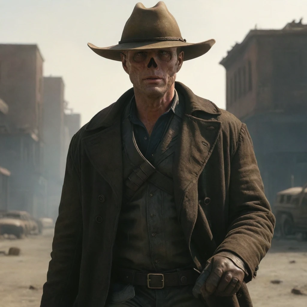 the ghoul with no nose but otherwise looking like 40 year old Walton Goggins the actor but with smooth burned skin, standing in a post apocalyptic ruined city, wearing a dirty dark brown cowboy hat and long dark brown dirty trench coat with his gun in his hand. Photo-realistic. From Fallout TV series. Cinematic, Rich color, masterpiece, hyper realistic, ultra detailed, high quality, best quality, 4k, 8k, hi resolution,