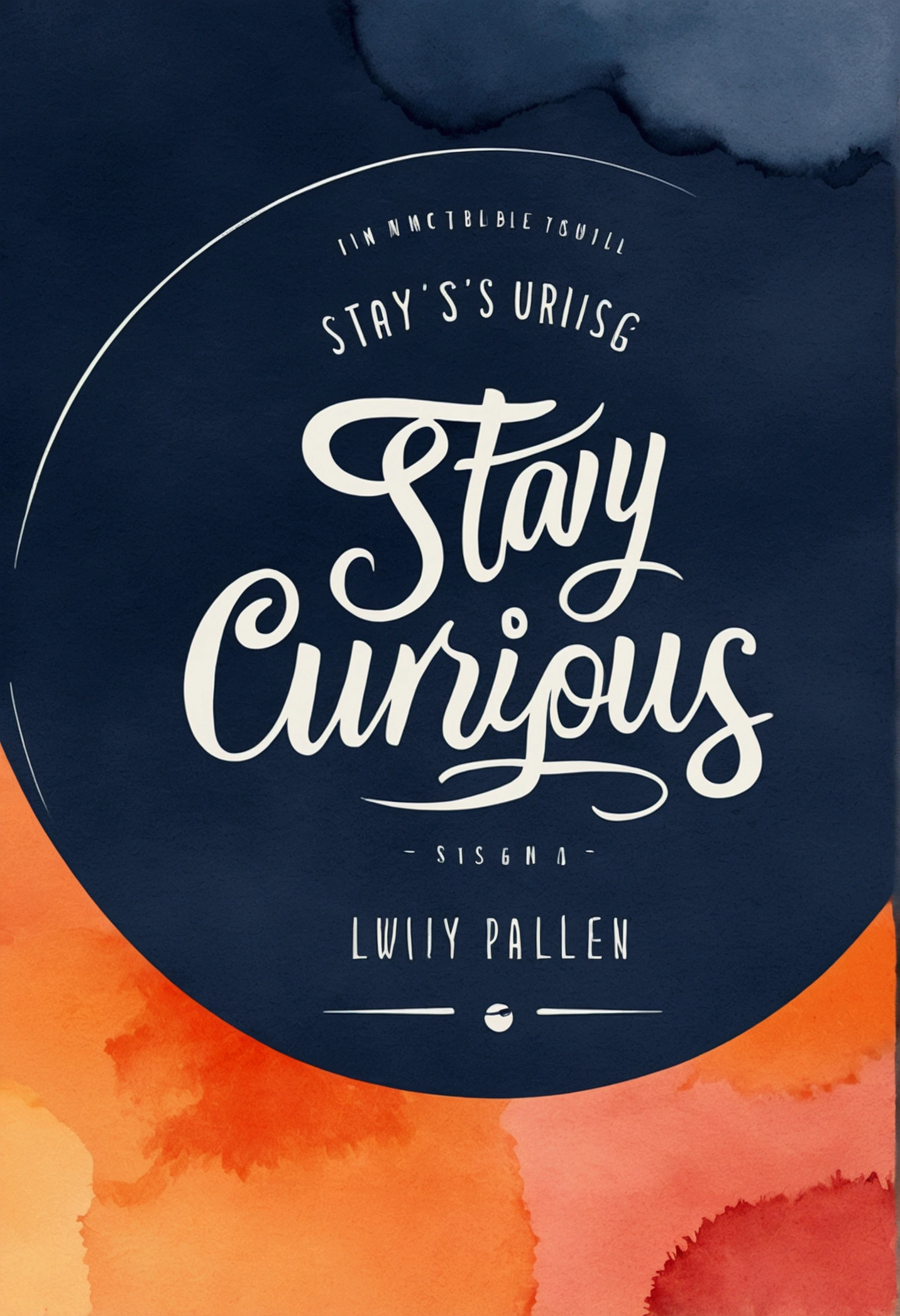 Create a minimalist t-shirt print design featuring the phrase 'Stay Curious' using a clean, sans serif font and a monochromatic color scheme. Add a simple drawing of a magnifying glass next to the phrase. Shading and gradients, Art Nouveau, vibrant colors and synthwave. Vector design, thin lines, central composition, soft background, 1:1 palette (dark blue, orange, red, olive green), watercolor logo style with patterned effect, pattern. Blow. Monochrome background, from yukisakura, with original and incredible colors.