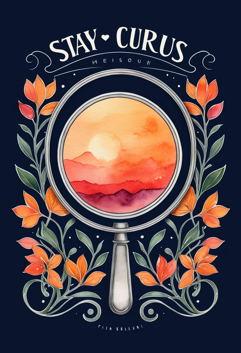 Create a minimalist t-shirt print design featuring the phrase 'Stay Curious' using a clean, sans serif font and a monochromatic color scheme. Add a simple drawing of a magnifying glass next to the phrase. Shading and gradients, Art Nouveau, vibrant colors and synthwave. Vector design, thin lines, central composition, soft background, 1:1 palette (dark blue, orange, red, olive green), watercolor logo style with patterned effect, pattern. Blow. Monochrome background, from yukisakura, with original and incredible colors.