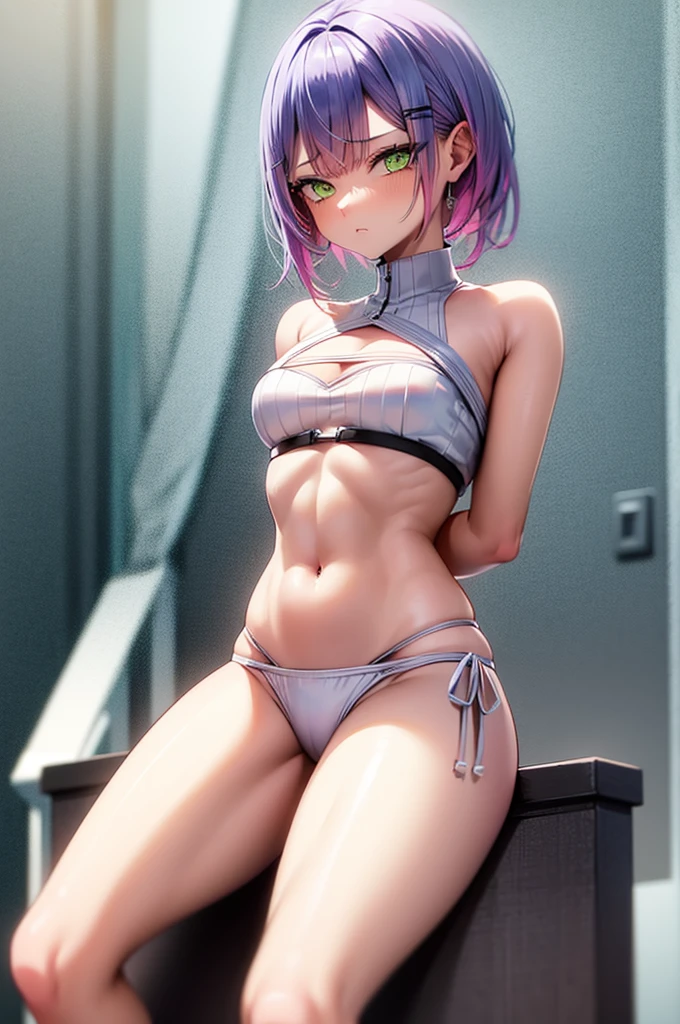 1girl, tied up hands behind back, scared, wearing bikini, tokoyami towa, tied legs as well, blue hair, blue eyes, detailed belly, attractive physique, flat stomach, slighty toned, sexy figure, looking at viewer with disgust.