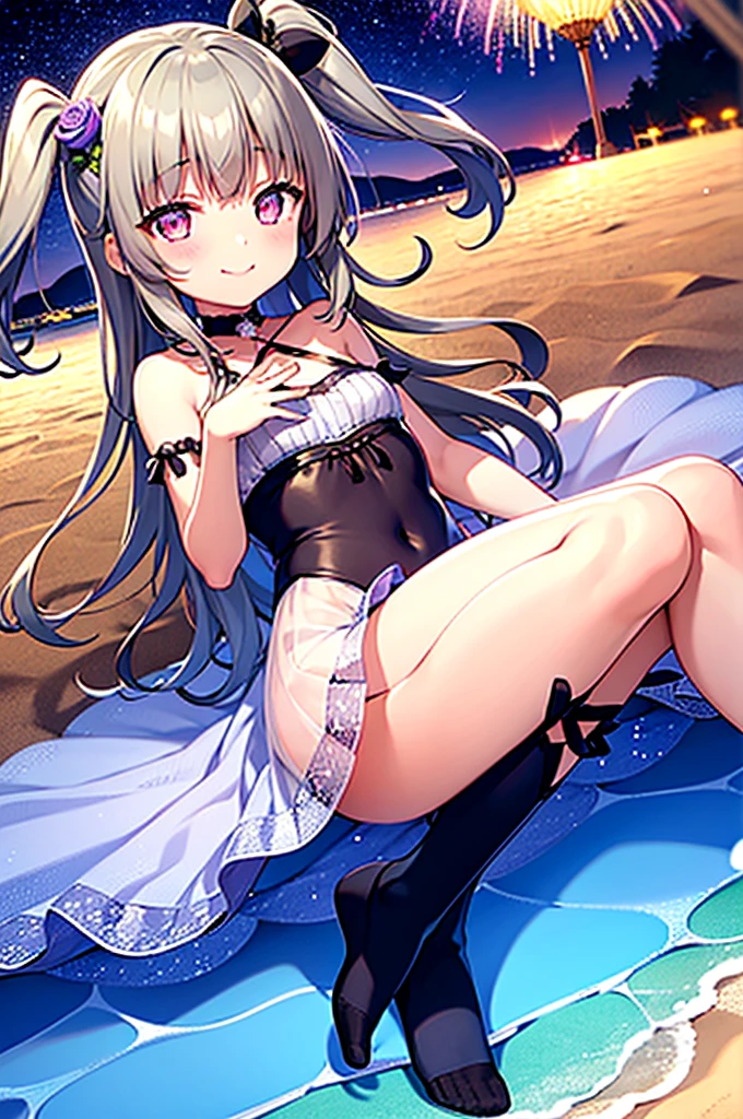 Himari Meimei, masterpiece, Voluptuous thighs, petit body, little young girl, flat chest, {1 Girl}, Cute and erotic smile, Highly detailed sparkling purple eyes, summer night, fireworks,  困り眉, open legs, legs up, silver grey hair, lying on beach bed, 