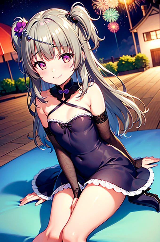 Himari Meimei, masterpiece, Voluptuous thighs, petit body, little young girl, flat chest, {1 Girl}, Cute and erotic smile, Highly detailed sparkling purple eyes, summer night, fireworks,  困り眉, open legs, legs up, silver grey hair, lying on beach bed, 