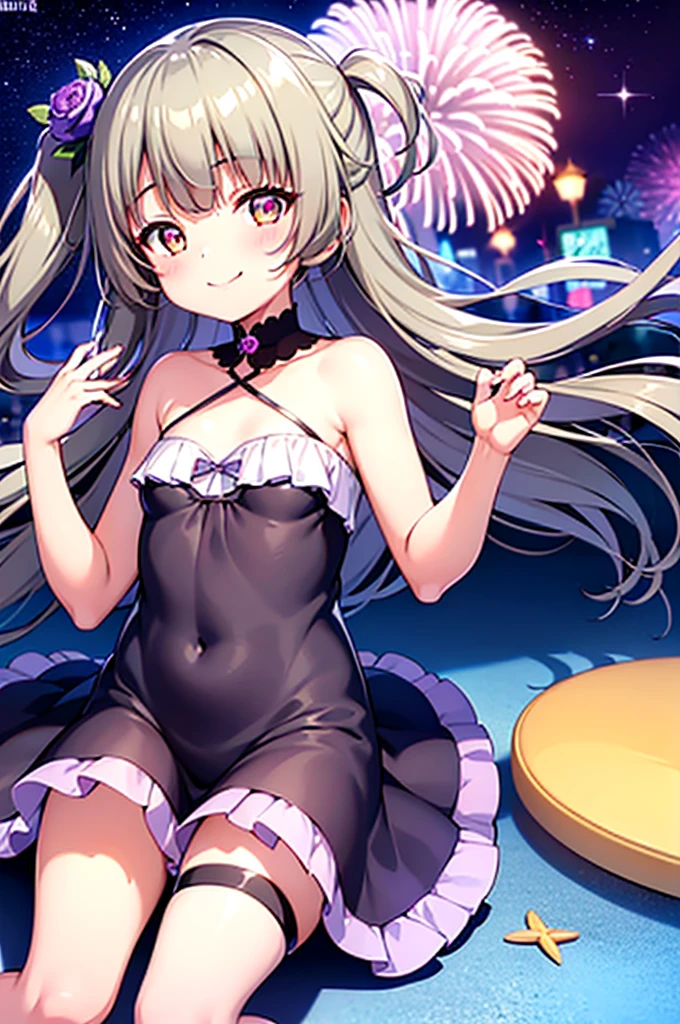 Himari Meimei, masterpiece, Voluptuous thighs, petit body,  girl, flat chest, {1 Girl}, Cute and erotic smile, Highly detailed sparkling purple eyes, summer night, fireworks,  困り眉, open legs, legs up, brilliant silver grey hair, lying on beach bed, 