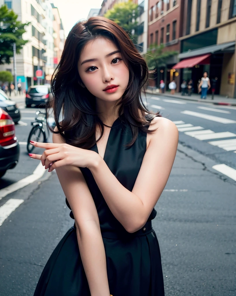 Woman posing seductive on street corner, top quality, high resolution, 8k, girl alone, outdoor, (street: 0.8), (people, crowd: 1), sleeveless dress, black dress: 1.5), gorgeous, (medium hair), (dynamic pose: 0.8), (upper body: 1.2), soft lighting, wind, glossy skin, gaze,