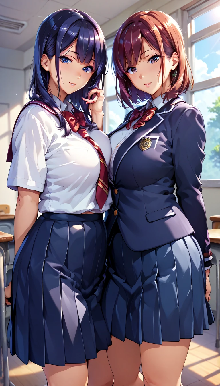 (masterpiece, best quality, ultra-detailed, high resolution, detailed eyes), takeda hiromitsu style, (2 mature females), school girl uniform, big eyes, curvy body, looking at viewer, pov