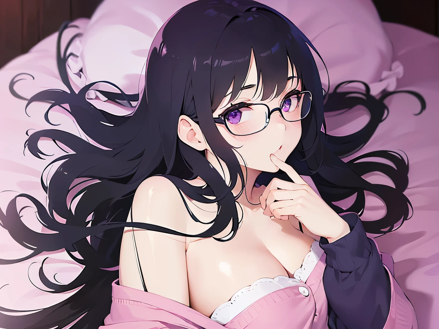 on back, plastic frame eyewear、Upper Body, Realistic, real person, (pale skin: 1.2), RAW photo, photorealistic, shiny skin, shiny hair、(25 year old woman with bangs) and (medium hair) and (black hair) and (purple eyes) , BREAK (pajamas) and (pink:1.2) BREAK 、smile, (blush:1.3), bed, Alone、