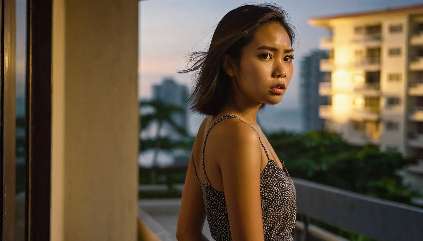 Focus on a slender, Hispanic-Filipina woman with a flat nose and dark skin tone, aged 26, caught in a candid, upset pose. She is standing in the entrance of a Philippine condo apartment during evening hours, with the sky painted in shades of twilight. She is dressed in a simple, small skirt, and her waist-length, thick hair flows around her shoulders. Her expression is visibly angry, with a pouting mouth and furrowed brow. The background should softly blur, highlighting her with a 2.8 aperture depth of field, giving attention to the fine details of her face and hair. A carry-on suitcase subtly sits in the blurred background.