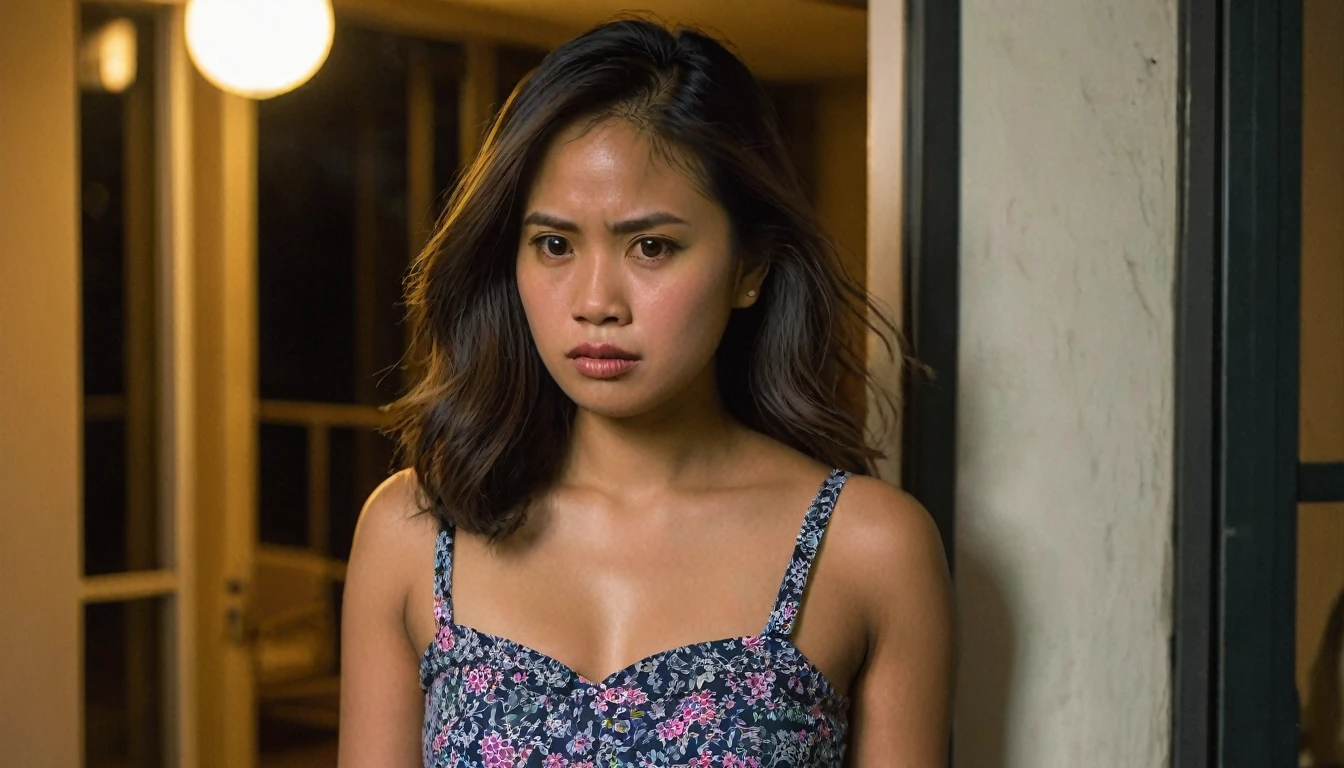 Focus on a slender,  Hispanic-Filipina woman with a flat nose and dark skin tone, aged 26, caught in a candid, upset pose. She is standing in the entrance of a Philippine condo apartment during evening hours, with the sky painted in shades of twilight. She is dressed in a simple, small skirt, and her waist-length, thick hair flows around her shoulders. Her expression is visibly angry, with a pouting mouth and furrowed brow. The background should softly blur, highlighting her with a 2.8 aperture depth of field, giving attention to the fine details of her face and hair. A carry-on suitcase subtly sits in the blurred background.