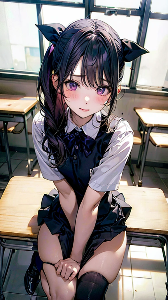 18s,classroom、School、Black socks、skirt、Purple ribbon、stand,4 people:1.5,Random hairstyle、Harem、pantydrop,Change of clothes