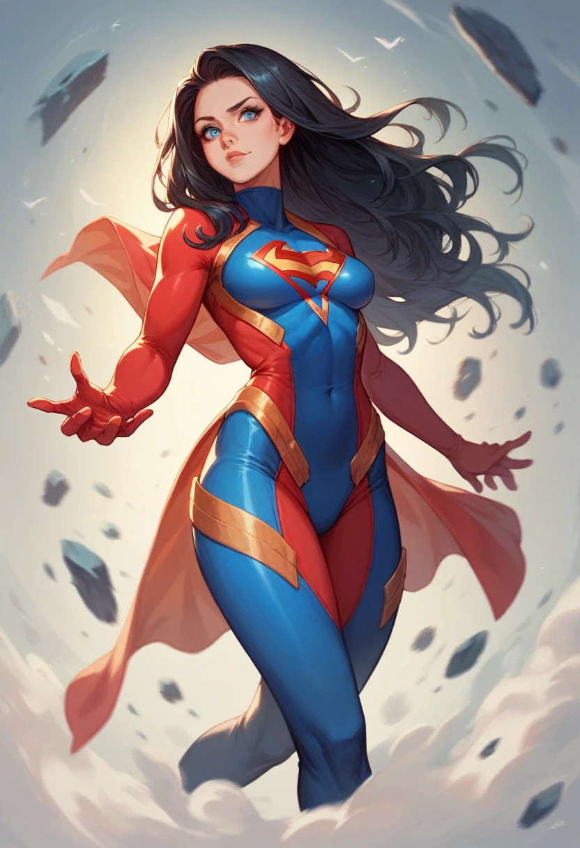A girl of stunning beauty, with black hair, blue eyes, a sculpted body dressed in a superhero costume, in 4K resolution and realistic image.